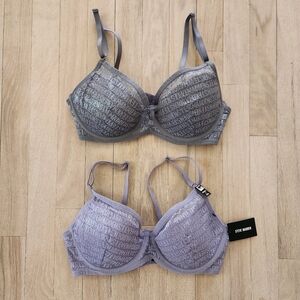 NWT Steve Madden Womens 36C Underwire Bra Set Shimmer Glitter Logo Lavender Gray